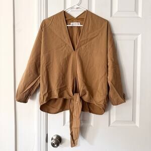 Hackwith Design House Sustain Khaki Tan Tie Front Lagenlook XS/S Blouse Top